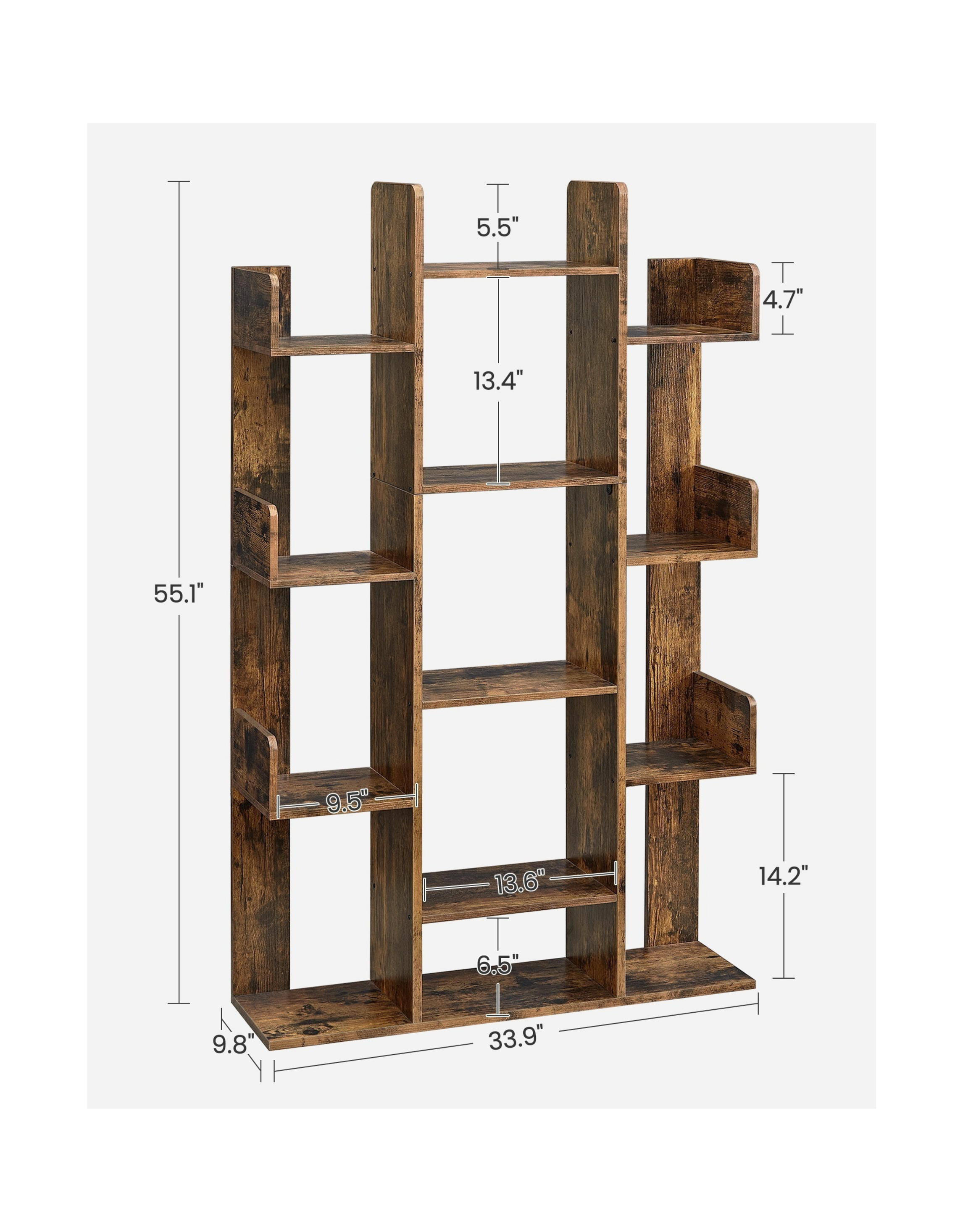 VASAGLE Tree-Shaped Bookshelf with 13 Storage Shelves - Rustic Brown, 86 x 25 x 140 cm, Rounded Corners