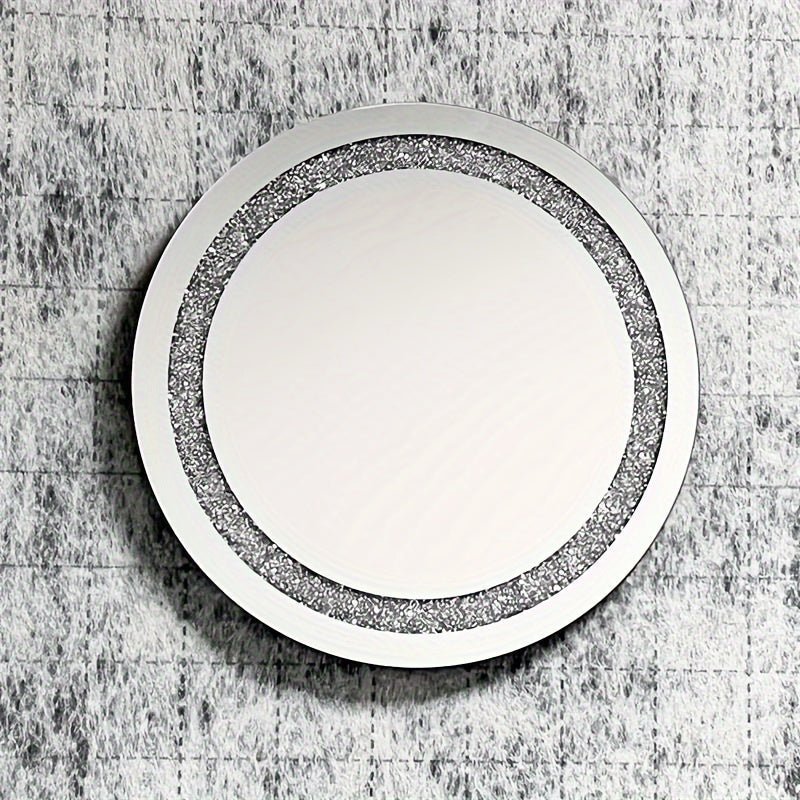 Elegant Round Wall Mirror with Sparkling Diamond Beading  Perfect for Your Bathroom or Dressing Room