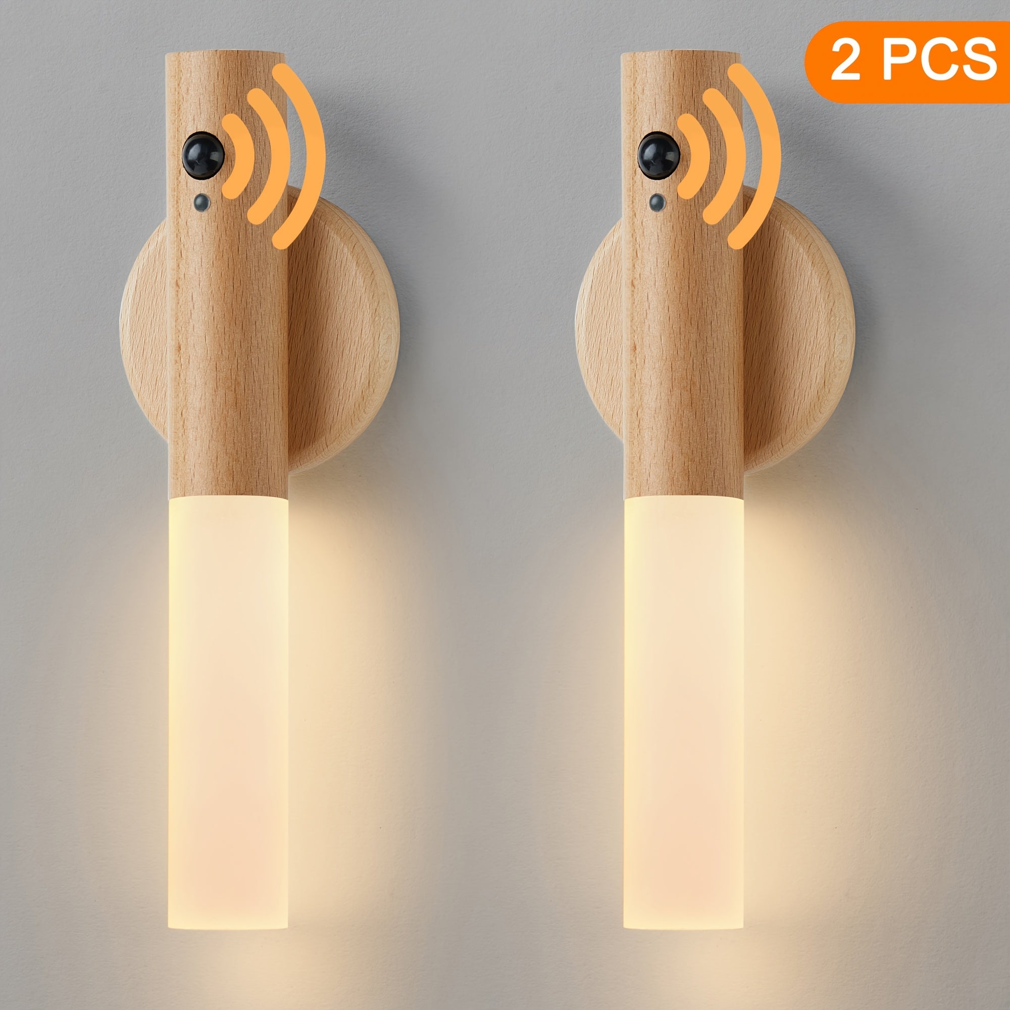 2pcs Modern Wooden LED Wall Sconces Motion Sensor Night Lights With Magnetic Strip Rechargeable StickOn Lamps For Bedroom Staircase Hallway