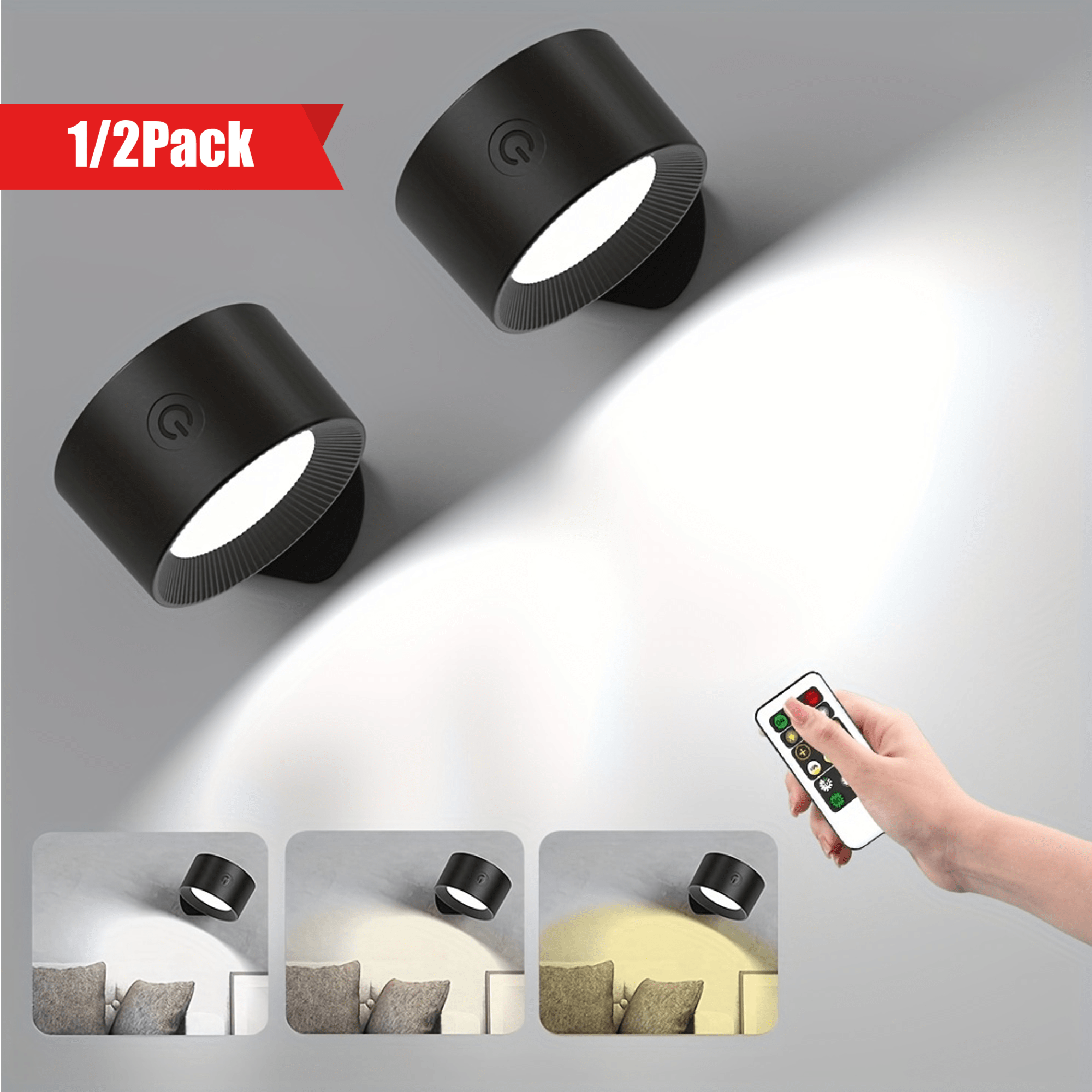 12pack LED Wall Sconce Wall Mounted Lamp With Rechargeable Battery Operated USB Port 3 Colors Temperature  3 Brightness Level 360Rotate Magnetic Ball Lights Cordless Wall Light For Reading Study Bedside